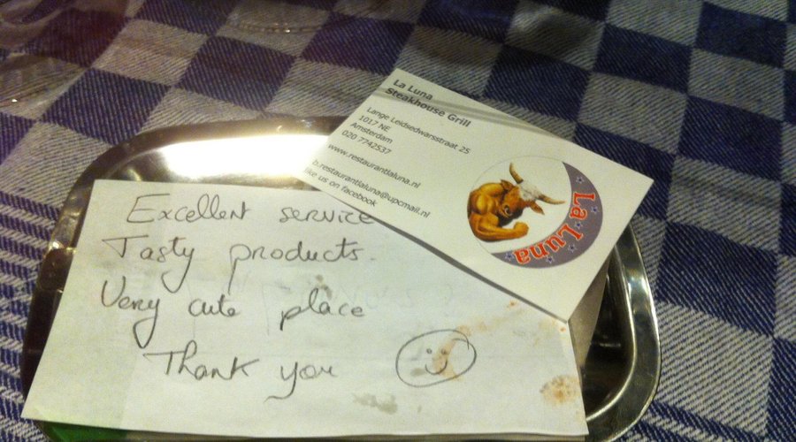 A thank you note from one of our guests on saterday 10 May 2014. Thank you from La Luna team