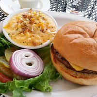 Cheeseburger and a side of macaroni and cheese