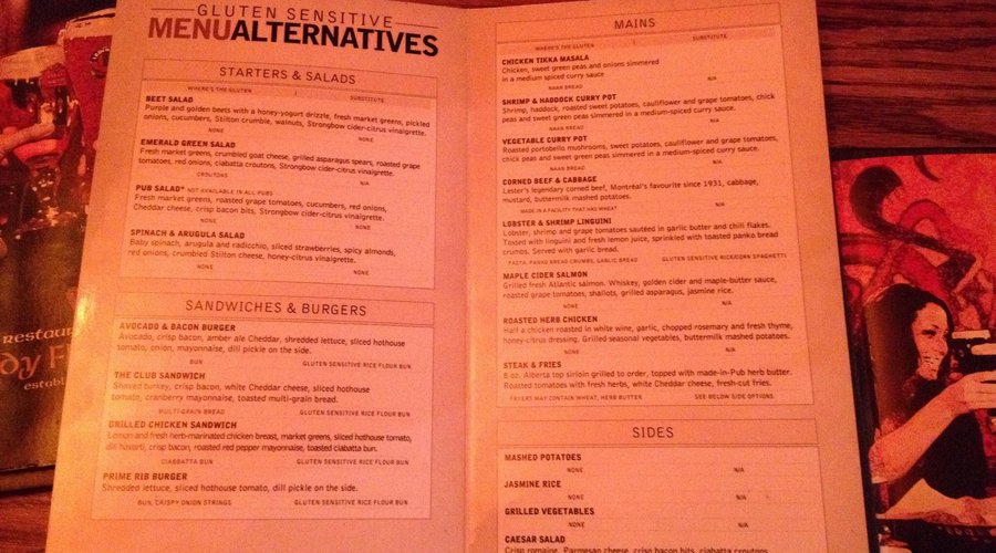 Gluten free menu