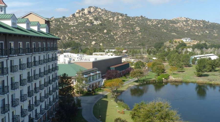 View of mountains and lake from backside hotel room.