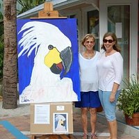Pam and Jan, Anna Maria Historic Green Village at Bob Brown Art w/Hector!