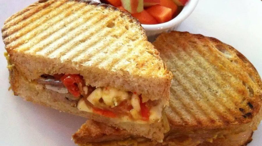 Grilled cheese guacamole luncheon meat (chicken) sandwich