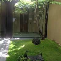 5階のエレベーターを出たら、目に飛び込む、苔むした印象的中庭
