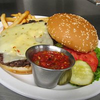 FIRE HOUSE BURGER. TRY TIMS HOME MADE "HOT" RELISH