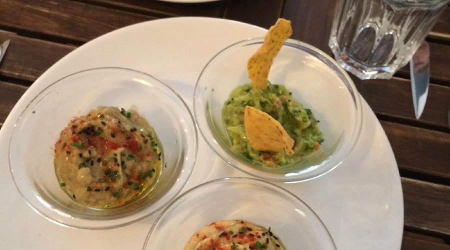 Mezzes: Humus, guacamole, Baba ganoush