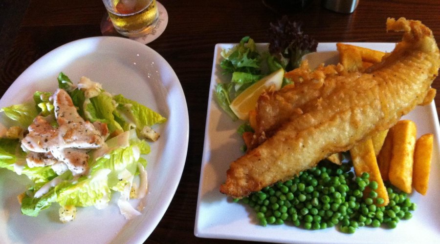 Small caesar salad and fish and chips