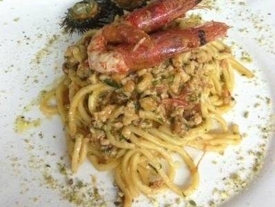 Pasta con ricci e ragout di gamberonie pistacchio