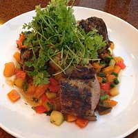 Oak-Grilled Rack of Lamb (summer vegetable ratatouille, yukon Gold mashed potato)