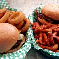 Juicy Nookie Burger and Triple B Burger Onion Rings and Sweet Potato Fries