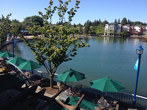 View of outdoor restaurant and lake.