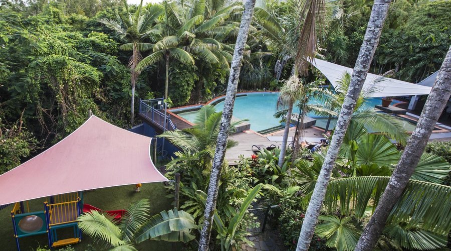 Looking down to pool from apartment
