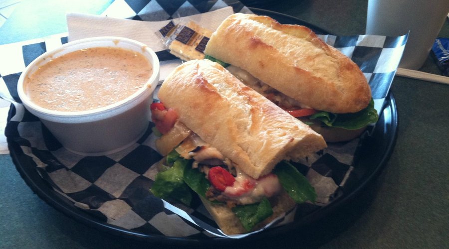 Pork loin sandwich with shrimp bisque