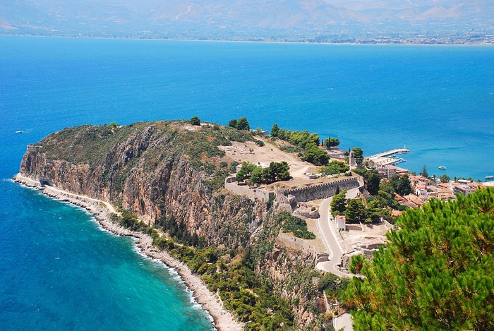 The cape where old Nafplio city is located - right side of it, on top of the hill - Acronafplio 