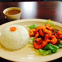 Tropical shrimp with red beans and white rice. Delicious!