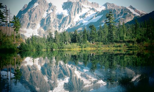 Mt. Shutsan reflecting on Picture Lake - walking distance from Mountaineer's Lodge