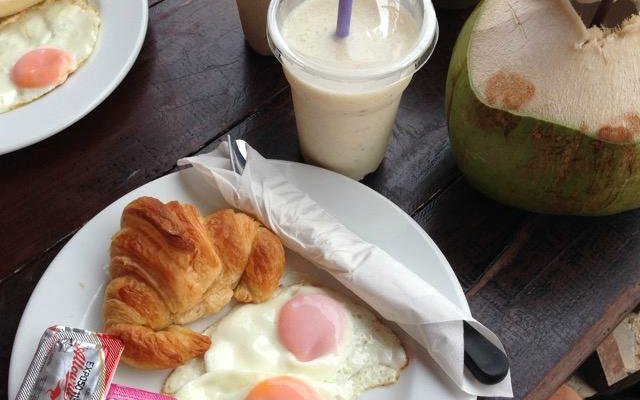 Egg sandwich (on baguette, and croissant) banana shake