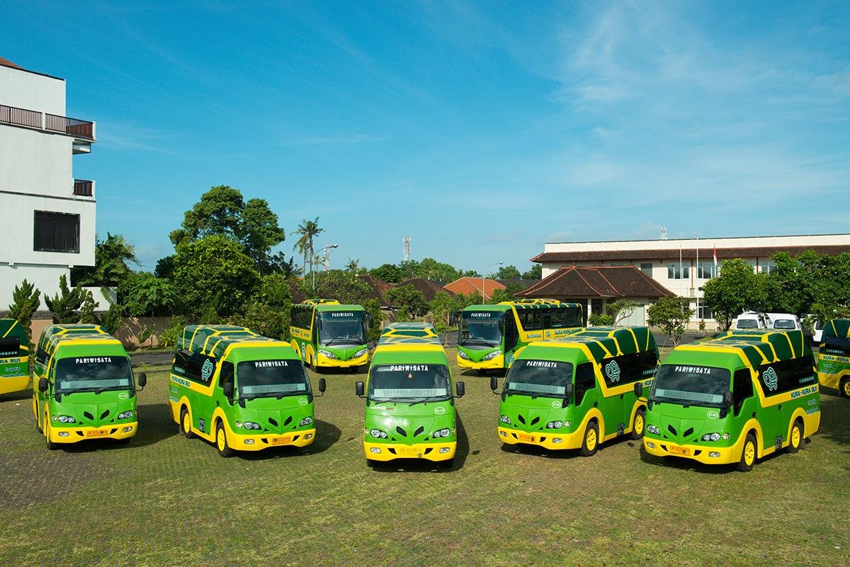 A fleet of bright green and yellow Kura-Kura Buses parked on a grassy field, showcasing multiple units available as a bus for group travel in Bali.