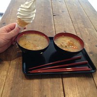 Miso sesame soft ice cream and tonjiru (miso, veggies and pork).