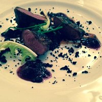 A hunters gathering - English smoked pigeon, edible soil, baby leaf salad, red wine jelly