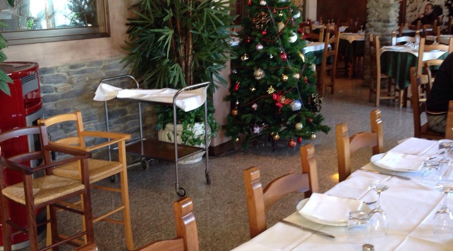 Sala da pranzo natalizia, calda, allegra con un tocco di rustica eleganza