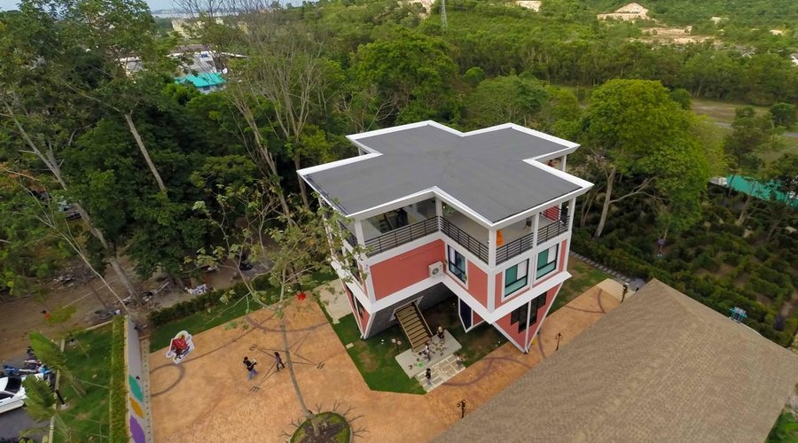 Aerial view of the maze next to the upside down house