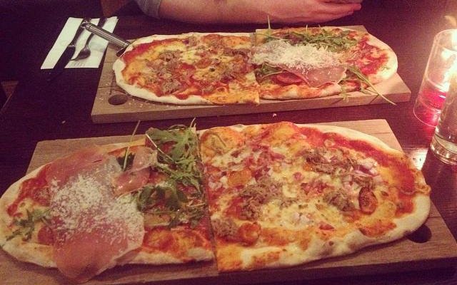 My boyfriend and I cut our pizzas in half and shared them.