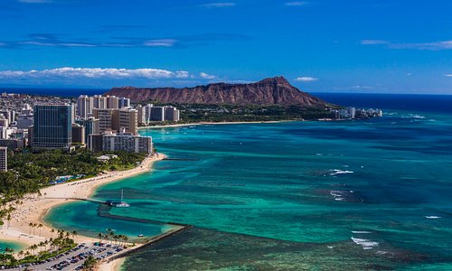 The world-famous Waikiki, located on the south shore of Honolulu, on the island of Oahu.