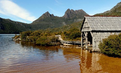 The boatshed at Dove Lake, with Cradle Mountain in view.