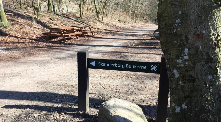 Museet ligger i skoven. Parkering ved vandrehjemmet
