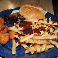Pork sandwich - regular fries and fried macaroni bits