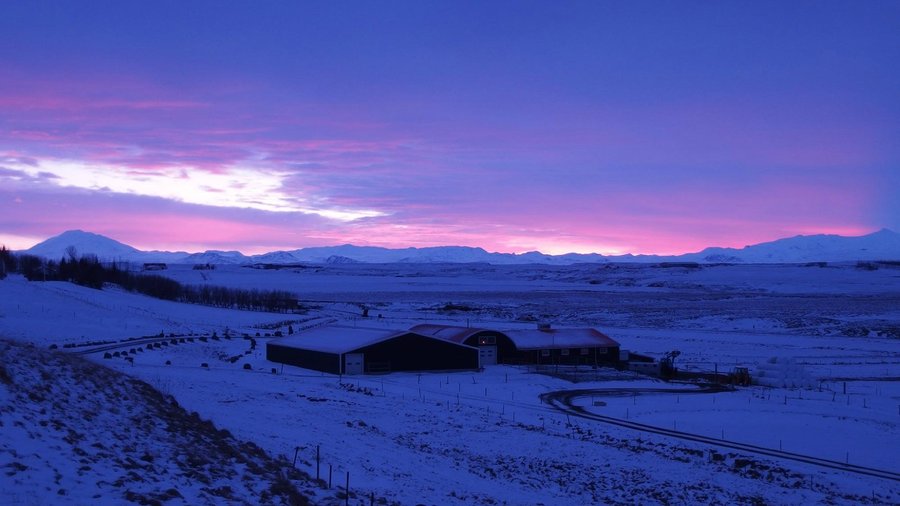 Winter  view from Hestheimar, over volcano Hekla and Eyjafjallajökull