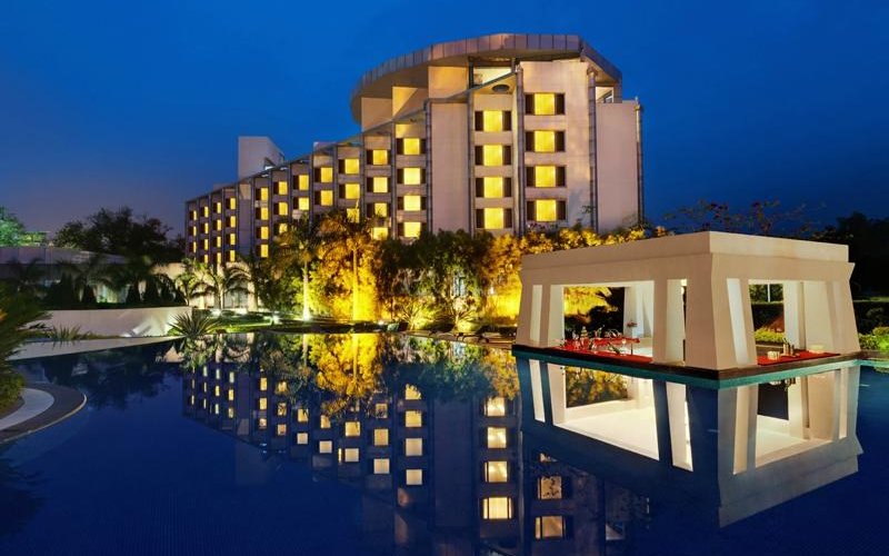 Night view of the hotel from swimming pool