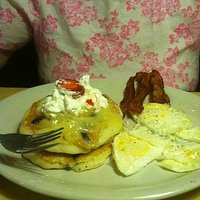 Lemon Blueberry Pancakes with perfect eggs, Crispy bacon