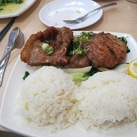 Pork Chops, steamed rice and Bok Choy