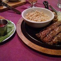 Steak and Shrimp with Rice, sauteed mushroom and onions