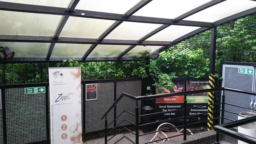 Sheltered smoking terrace.