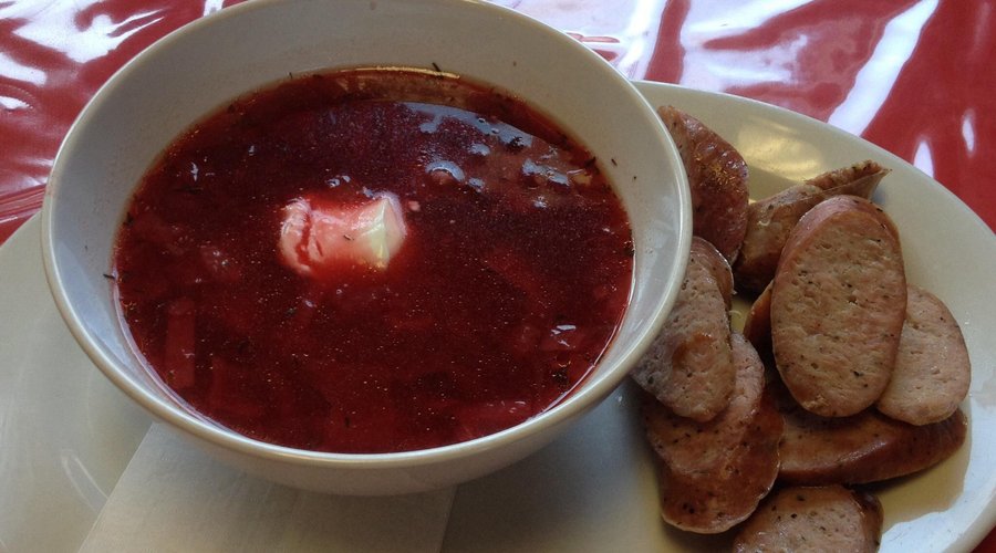 Ukrainian borsch and Ukrainian garlic sausage