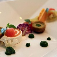 Creme Fraiche and Ruby Grapefruit: Pickled Green Tomatoes, Fried Santa Barbara Olives, Shaved Ca