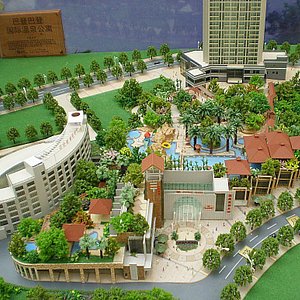 Model of Haitang Xiaoyue Hot Spring Resort -hotel tower at back