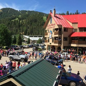 Good view for the July 4th parade - balcony at front of lodge