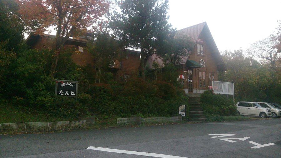 大山ペンション村敷地道路から見た全景です。３０以上経つので、自然に映えた木々に囲まれています。