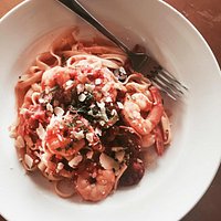 Chorizo, Prawn, Black Olives and Tomato with Fettuccine
