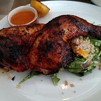 Crab fritters, crab-avocado-asparagus-grapefruit salad, wagyu meatloaf, grilled chicken