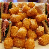 Old school club sandwich with tots.