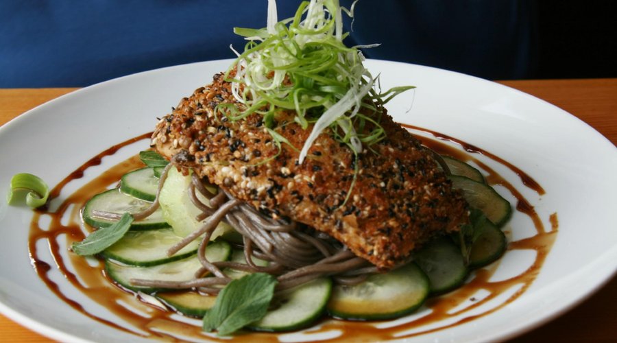 Arctic Char with Quick Pickled Cukes, Soba Noodles and Asian Greens