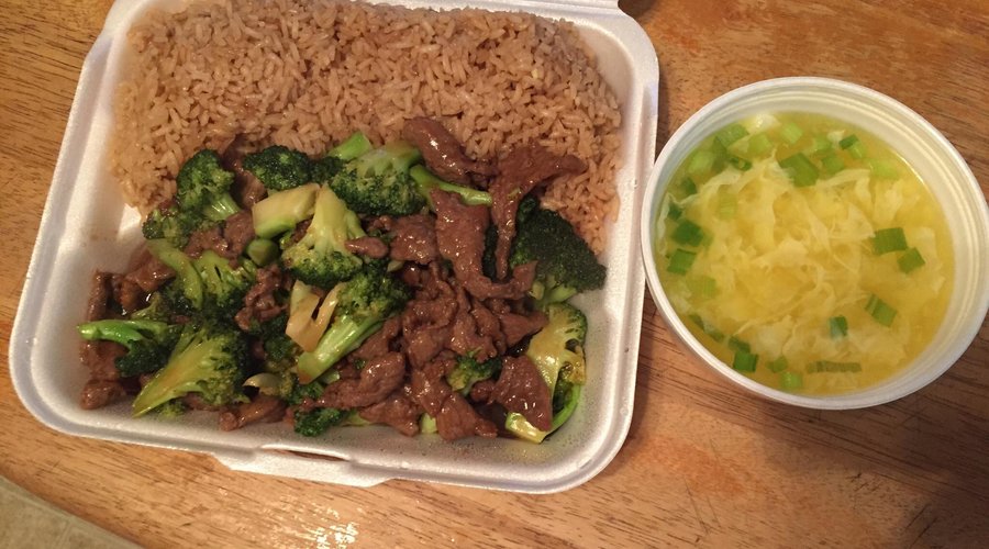 Beef w/ broccoli and egg drop soup