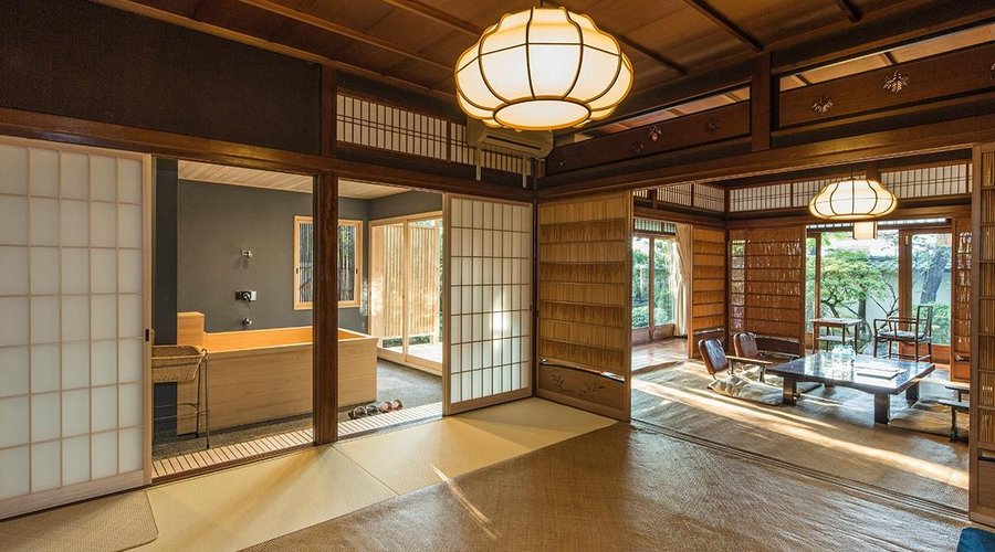 Traditional japanese style 16TATAMI mats suite garden room,TAKE.(1-6people)
Room with a garden bathroom and a washroom(toilet):First Floor.
Year Hotel Built: 1890.
Year Hotel Last Renovated: 2015.

Traditinal, functional and elegant 62.30-sq.-metre room combines traditional Japanese design with modern luxuries. 

W1600 H1200 D500, Japanese Hinoki wooden tub. Enjoy stunning views of the traditional Japanese garden"KARESANSUI", available from sliding glass doors that lead to a balcony area.