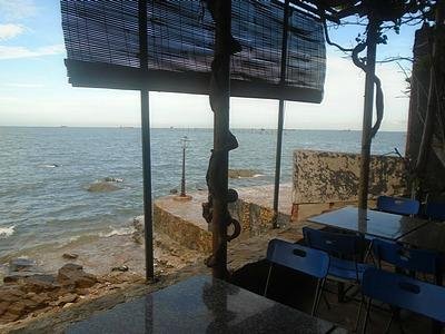 The lowest dining level is on the water.