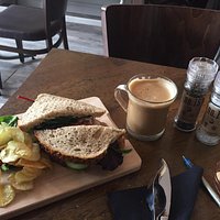 Tuna salad sandwich and a flat white