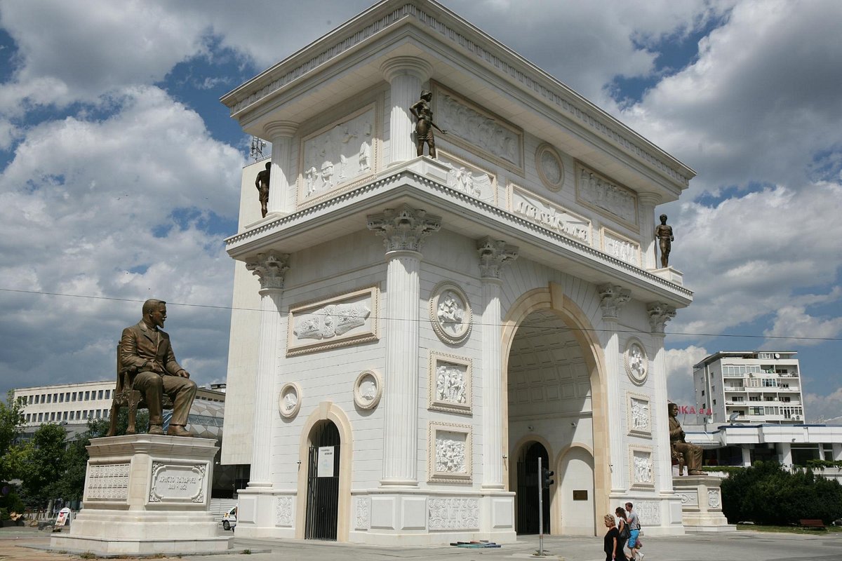 Skopje - Triumphal Arch of Macedonia with intricate carvings and statues